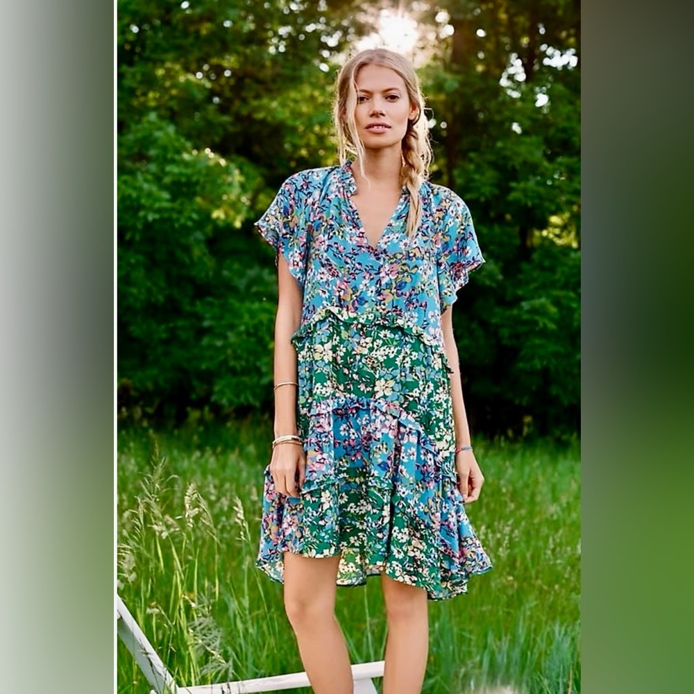 Anthropologie Robin Teared High-Low Mini Dress‎ in Blue and Green Floral Size:M